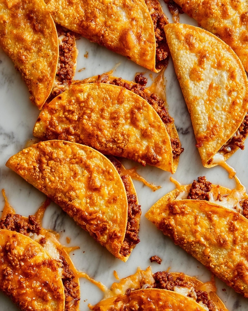 The image shows multiple golden brown tacos arranged on a white marbled surface. Each taco shell is crisp with a bubbly texture, folded over a melted cheese and ground meat filling that spills out slightly at the edges with a rich orange color. The tacos are placed close to each other, some with cheese melted onto the surface underneath, giving a slightly crispy, browned layer around the edges. The overall scene highlights the crunchy, textured shells and the gooey melted cheese and meat inside, with a warm, inviting color palette. photo taken with an iphone --ar 4:5 --v 7