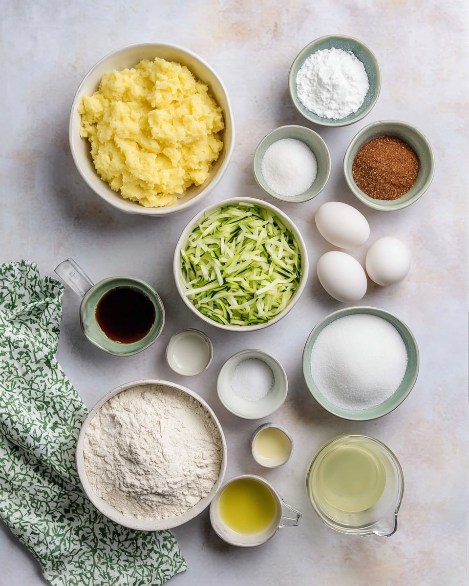 Several small white bowls and containers hold different ingredients on a white marbled surface. At the top left, a white bowl is filled with yellow mashed potatoes. To its right, another white bowl contains white granulated sugar. Below the mashed potatoes, a bowl holds shredded green zucchini. Next to it on the right, a white bowl has white flour. There are two whole white eggs placed below the flour bowl. To the right of the eggs, a small metal cup contains brown ground spice. Around these main items, smaller bowls and measuring cups hold white salt, a cup with yellow oil, a cup with dark liquid, and a glass measuring cup with pale yellow liquid. A green and white patterned towel is tucked into the bottom left corner of the scene. photo taken with an iphone --ar 4:5 --v 7