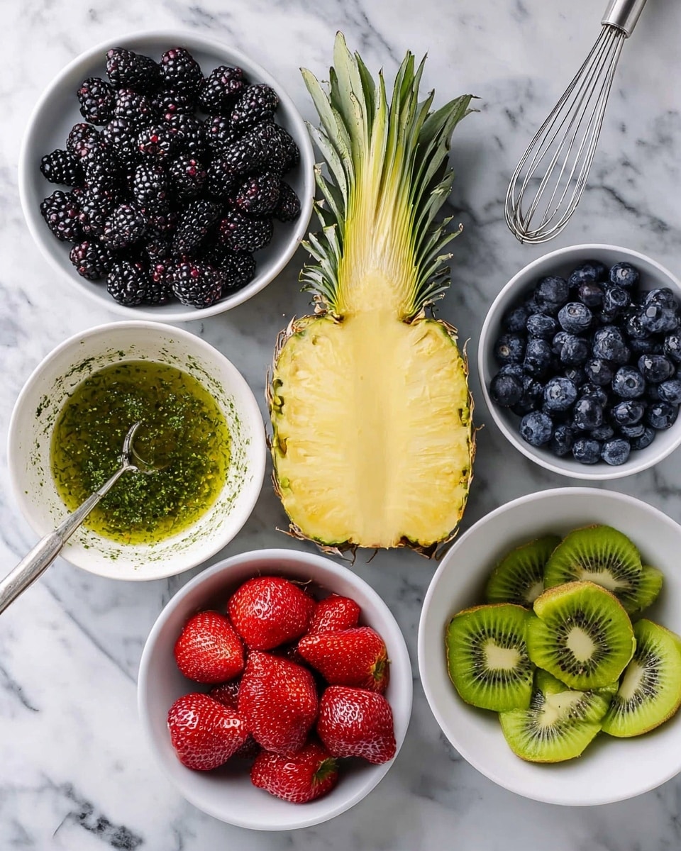 The image shows a white marbled surface with five bowls and one pineapple half arranged around it. At the center is a half pineapple cut vertically, showing bright yellow flesh with green leaves on top. To the left, there is a white bowl full of blackberries, dark purple and bumpy. Below it, a white bowl contains a green sauce with herbs and oil, with a silver whisk inside. On the right side, a white bowl is filled with shiny, deep blue blueberries, while below it, another white bowl holds bright red strawberries with green leaves. At the bottom center, a small white bowl has fresh green kiwi slices with black seeds. Photo taken with an iphone --ar 4:5 --v 7