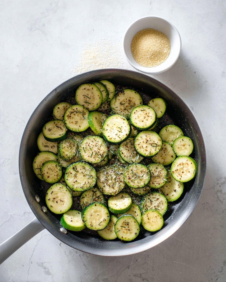 A pan filled with round green zucchini slices, each slice sprinkled evenly with black pepper, coarse salt, and dried herbs, showing a mix of light and dark green colors with a slightly cooked texture. Above the pan is a small white cup holding a pale yellow granular seasoning. The whole setup is on a white marbled surface. photo taken with an iphone --ar 4:5 --v 7