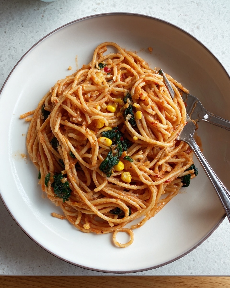 A white bowl holds a serving of spaghetti mixed with small bright yellow corn kernels and small green leafy spinach pieces. The noodles are coated with a light red sauce, giving the dish an orange-red color overall. Scattered throughout are small soft chunks of green zucchini and bits of what appear to be onion, all mixed thoroughly with the spaghetti. A metal fork is partially visible in the bowl on the right side. The bowl sits on a surface with a white marbled texture. photo taken with an iphone --ar 4:5 --v 7
