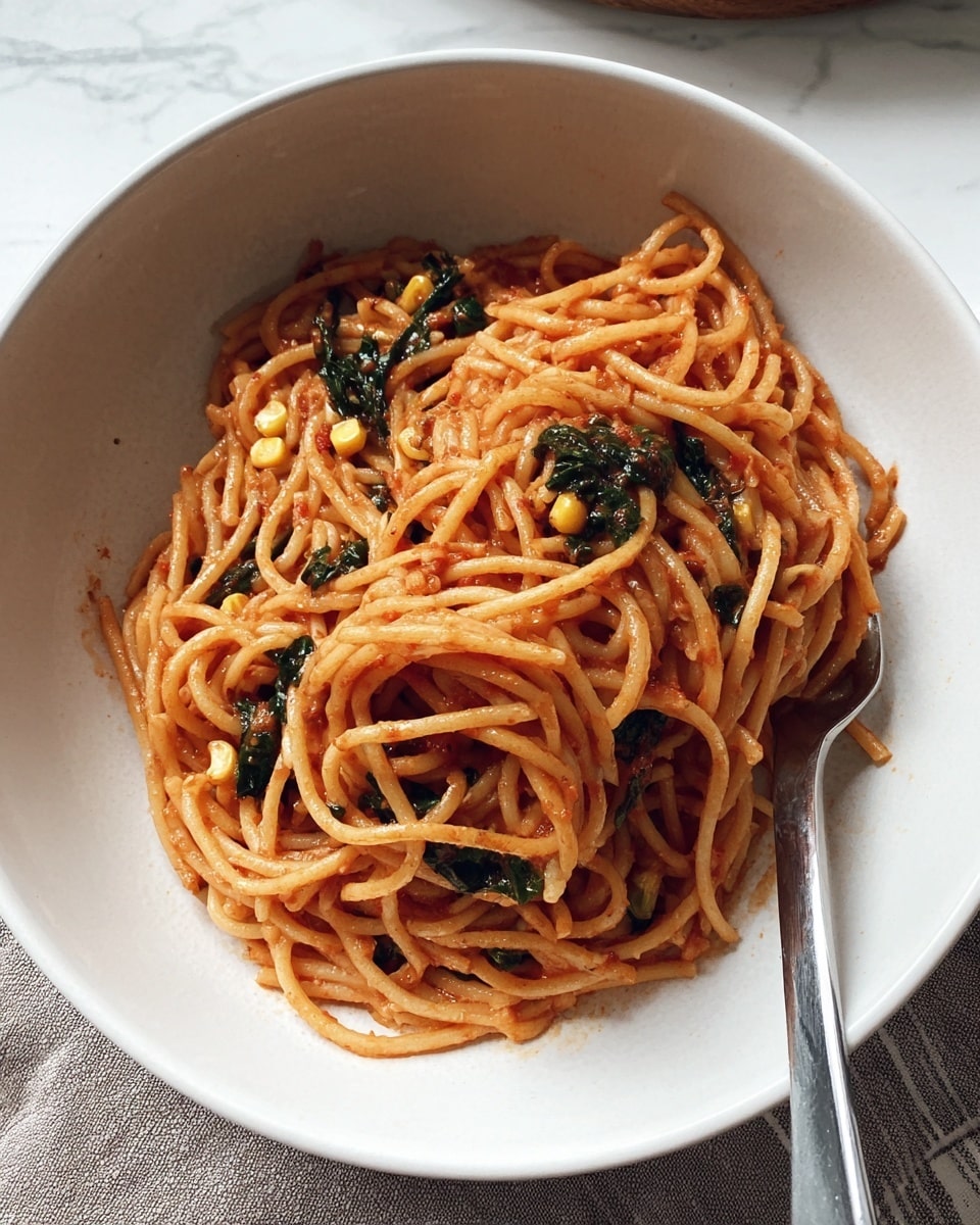 A white plate holds a single layer of spaghetti noodles coated in a light red sauce, mixed with small yellow corn kernels and dark green spinach leaves scattered throughout. The noodles have a slightly glossy texture and are twirled loosely, with a fork resting on the right side of the plate. The background is a white marbled surface. photo taken with an iphone --ar 4:5 --v 7