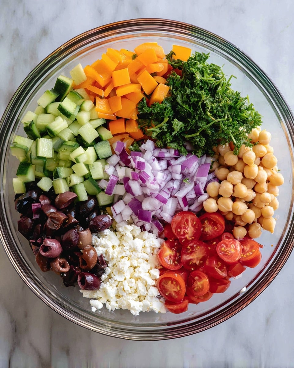 A clear glass bowl holds seven distinct layers of salad ingredients arranged side by side in a circle. Starting from the top left is a layer of small green cucumber cubes, followed by bright orange bell pepper chunks. Next is a pile of dark green parsley leaves mixed with thinly sliced purple-red onion strips. At the bottom right is a layer of crumbled white cheese. Next to that are bright red cherry tomato halves, and then light beige chickpeas. The last section at the bottom left contains dark purple sliced olives. The bowl is placed on a white marbled surface. Photo taken with an iphone --ar 4:5 --v 7