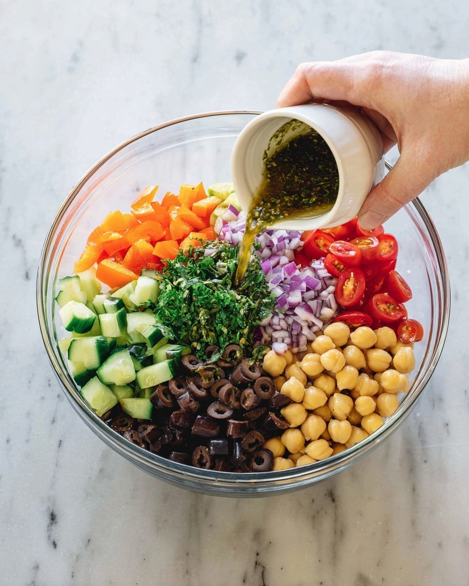 A clear glass bowl is filled with seven layers of fresh salad ingredients arranged in sections: bright orange bell pepper pieces on the top left, fresh green chopped cucumber at the bottom left, dark sliced olives near the bottom middle, pale yellow chickpeas to the right, bright red cherry tomatoes cut in halves above the chickpeas, thin purple-red onion strips near the middle top, and small green leafy herbs next to the onions. A woman's hand holds a small white cup above the bowl, pouring a dark greenish herb dressing over the salad. The bowl sits on a white marbled surface. Photo taken with an iphone --ar 4:5 --v 7