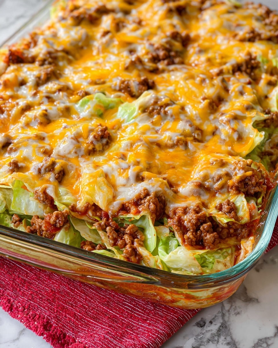 The image shows a layered casserole slice on a white plate placed on a red cloth with white stitched lines. The casserole has three visible layers: a bottom layer of light yellow noodles, a middle layer of light green cabbage leaves, and a thick top layer of melted orange cheese mixed with small bits of brown ground meat and some tomato sauce. Behind the plate is a clear glass baking dish with the rest of the casserole, showing the same layered structure. The surface beneath has a white marbled texture. Photo taken with an iphone --ar 4:5 --v 7