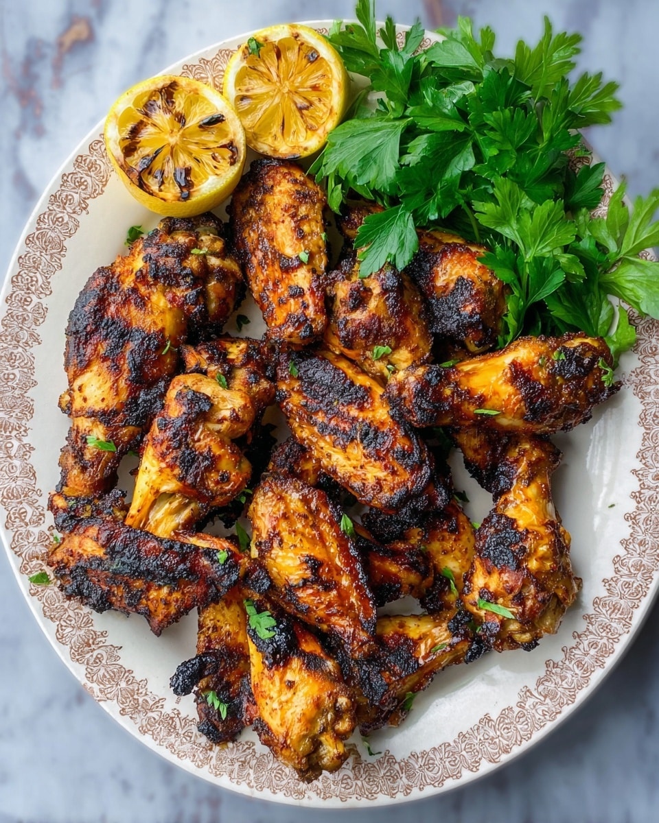 This image shows a white patterned plate filled with about ten grilled chicken wings that have a dark charred crust, showing a mix of golden, brown, and black colors on each piece. On the top left corner of the plate, three lemon halves sit side by side, their surfaces charred with dark grills and a bright yellow inside. To the right of the lemons, there is a small bunch of fresh green parsley with smooth leaves, adding a touch of color contrast. The plate is on a white marbled surface. photo taken with an iphone --ar 4:5 --v 7