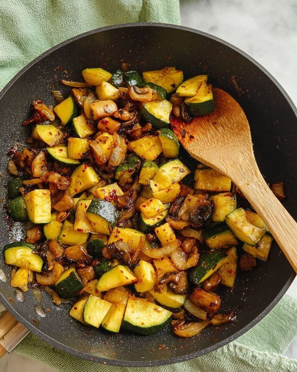 A black pan filled with cooked vegetable mix shows about three layers of ingredients: the first layer is browned and slightly crispy chunks of yellow and green zucchini with charred edges, mixed with browned onion pieces that have a translucent, soft look, and small browned mushroom pieces with a tender texture. The second layer shows some light golden seasoning and small reddish spice flakes scattered over the vegetables. A light brown wooden spoon is placed on the right side inside the pan, slightly lifting some vegetables. The pan is resting on a white marbled surface with a soft green cloth nearby. photo taken with an iphone --ar 4:5 --v 7