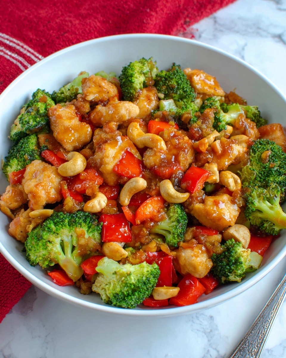 A white bowl filled with a colorful stir-fry that has three main layers. The bottom layer is bright green broccoli florets scattered all around, mixed with chopped red bell peppers that add pops of red color. On top of that are golden-brown pieces of chicken coated in a glossy, slightly dark orange sauce that looks sticky and flavorful. Small light brown cashew nuts are sprinkled throughout, adding texture contrast. The bowl sits on a white marbled surface with a red cloth partially visible in the background. photo taken with an iphone --ar 4:5 --v 7