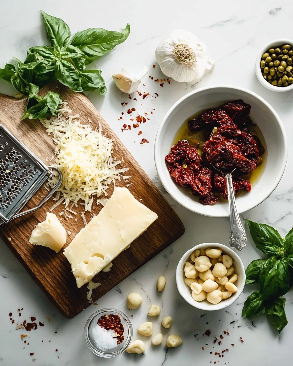 The image shows various ingredients arranged on a white marbled surface. On the left, there is a wooden board with a small metal grater, a partially shredded pile of pale yellow cheese, a garlic bulb, and a peeled garlic clove. To the right of the board, a white bowl holds dark red sun-dried tomatoes soaked in oil with a silver spoon inside. Around the bowl and board are fresh green basil leaves scattered, a small round white bowl filled with green capers, and pale beige macadamia nuts spread loosely on the surface. There are also small bowls containing red pepper flakes and salt near the edges. The scene is bright and clean, with ingredients neatly placed. photo taken with an iphone --ar 4:5 --v 7