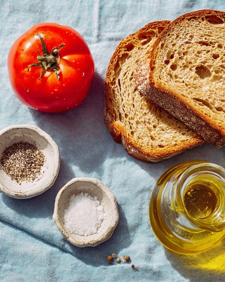 The image shows two slices of toasted bread with a light brown, crispy texture placed on a light blue cloth. Nearby, there is a bright red whole tomato with a glossy surface. There are two small ceramic bowls, one with coarse white salt and the other with cracked black pepper, both placed on the cloth. A round glass bottle filled with golden olive oil is also visible. The scene is simple with a few crumbs scattered around. photo taken with an iphone --ar 4:5 --v 7