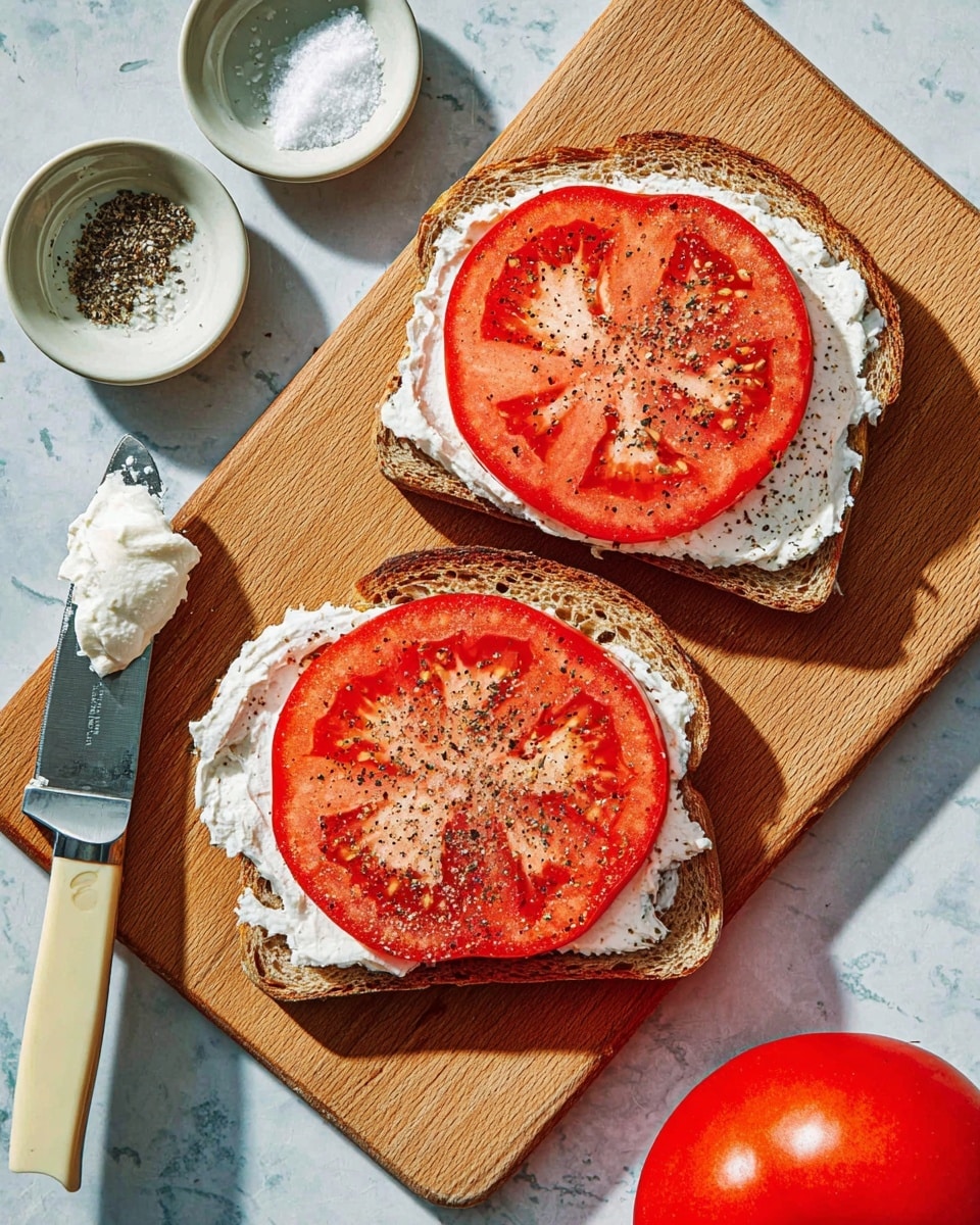 Two open-faced sandwiches sit on a wooden cutting board over a white marbled surface, each made of one slice of toasted whole grain bread with a thick, spread layer of white cheese topped by a large, round slice of bright red tomato sprinkled with ground black pepper. To the left of the sandwiches, there are two small white dishes, one with salt and the other with pepper, and at the bottom left, a knife with a cream handle holds a dollop of white cheese. A whole shiny red tomato is partially visible at the bottom edge of the image. The photo taken with an iphone --ar 4:5 --v 7