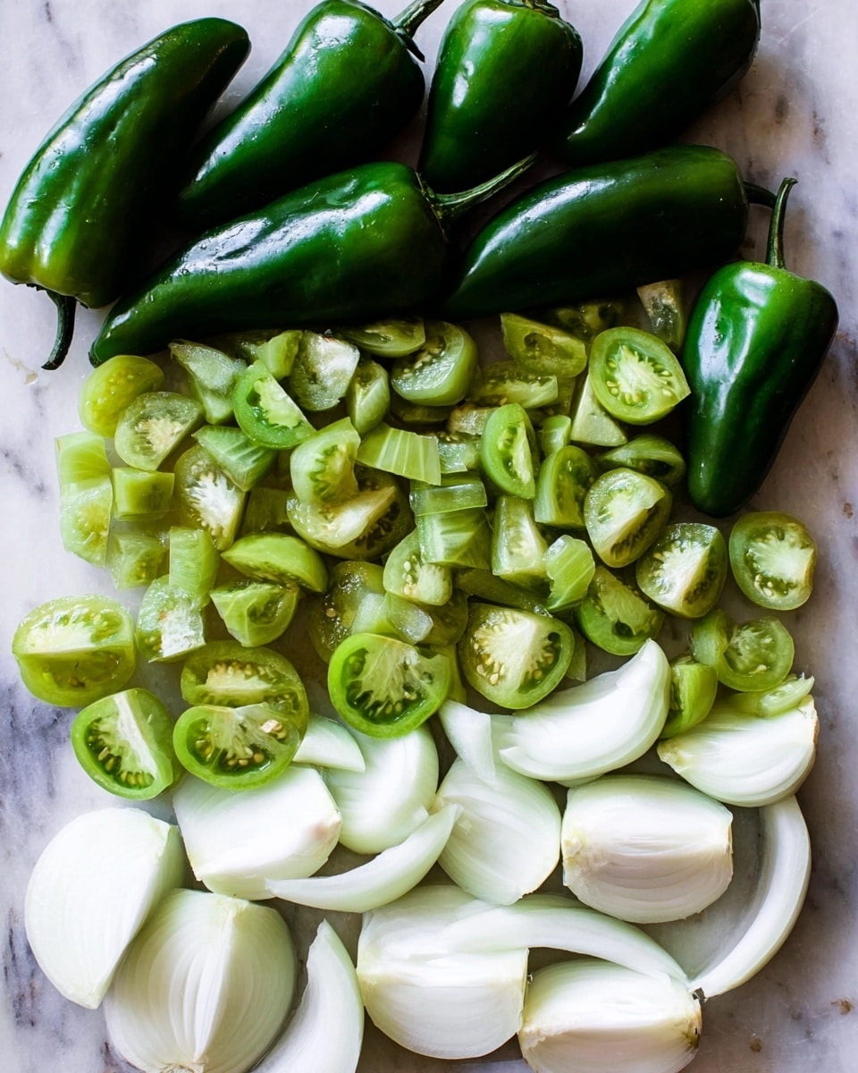 The image shows one layer of chopped green tomatoes that are light green with some seeds visible inside, spread evenly across the surface. Above them, several dark green poblano peppers are whole and sliced in half, showing their smooth shiny skin and the hollow inside. At the bottom of the image, there is one layer of thick white onion slices with a smooth texture. The vegetables are arranged on a white marbled texture surface. photo taken with an iphone --ar 4:5 --v 7