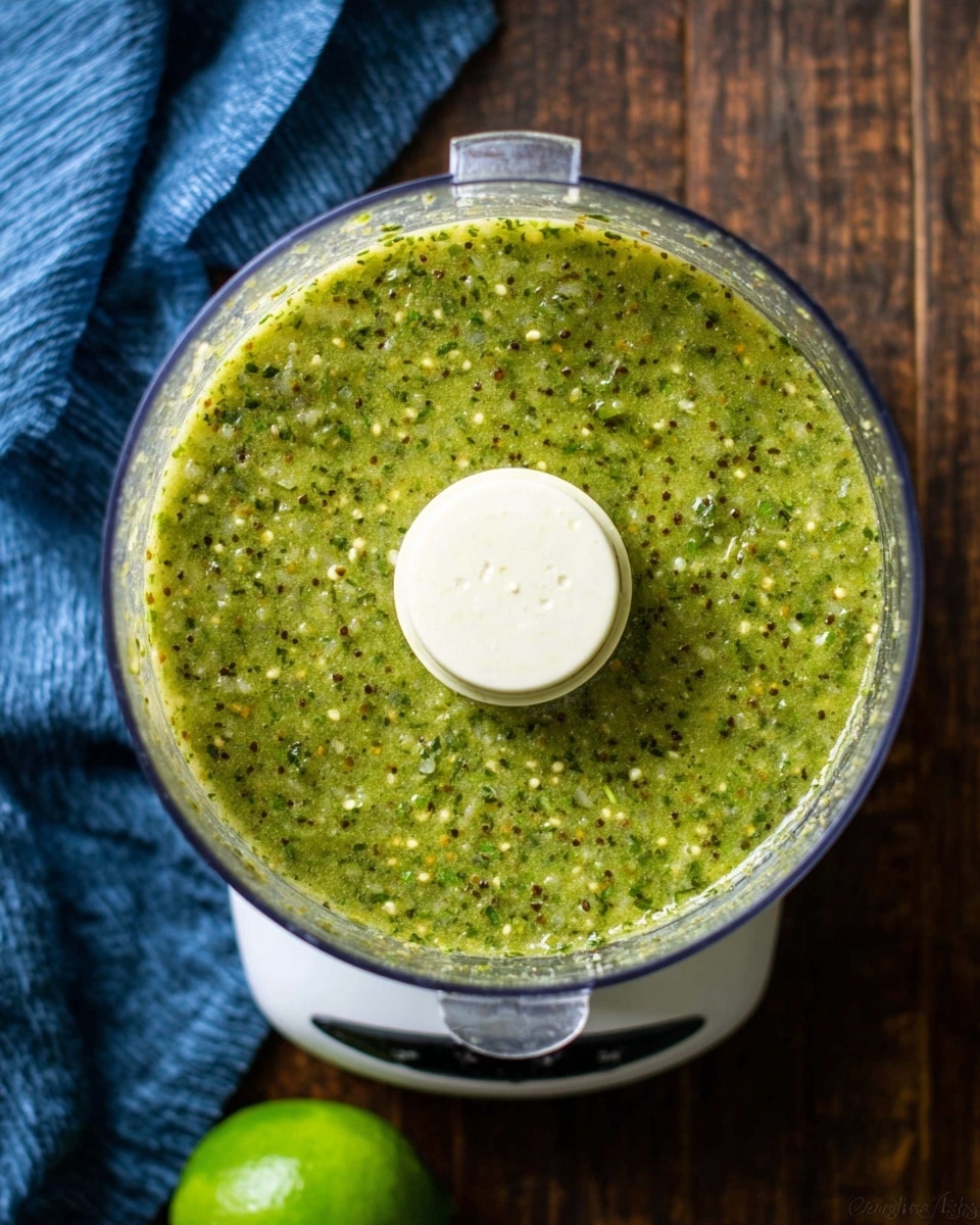 A clear food processor bowl filled with a thick, green sauce with small bits and seeds visible throughout. The sauce has a textured, slightly chunky surface and a vibrant green color with flecks of darker herbs and seeds. The white lid center of the food processor is clearly visible in the middle. The food processor base is white and placed on a dark wooden surface with a blue cloth nearby. A green lime is partially visible at the bottom left corner. Photo taken with an iphone --ar 4:5 --v 7