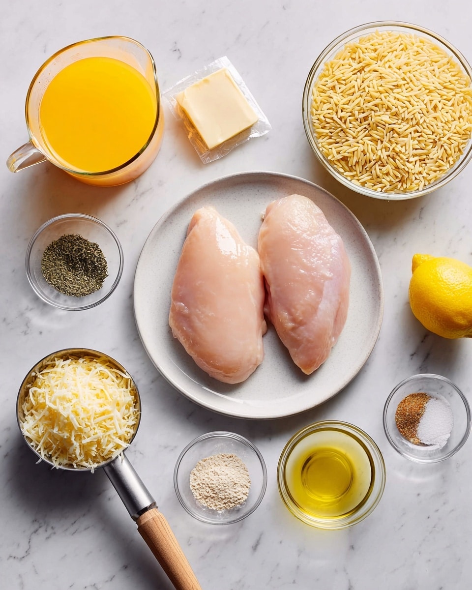 A white plate holds two raw pieces of chicken with a pale pink color and smooth texture, placed in the center on a white marbled surface. To the left, there is a clear glass measuring cup filled with bright orange juice, and below it, a small clear container with dark green dried herbs. Near the plate’s bottom left, a metal measuring cup with a wooden handle is filled with shredded pale yellow cheese. To the right of the plate, a small clear bowl contains light golden olive oil, and next to it, a small clear bowl with granulated white salt, light tan garlic powder, and ground black pepper arranged in sections. A whole yellow lemon sits on the top right corner, and below it, a clear glass bowl is full of uncooked orzo pasta, showing a light yellow color and smooth texture. Above the plate, a wrapped stick of butter rests on the white marbled surface. Photo taken with an iphone --ar 4:5 --v 7