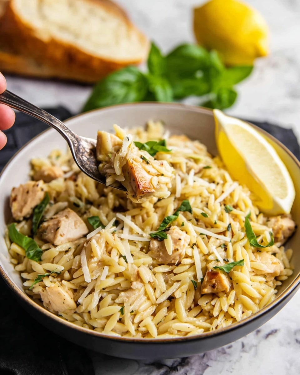 A white bowl filled with yellowish orzo pasta mixed with small pieces of light brown chicken, sprinkled with shredded white cheese and green basil leaves scattered on top, a light yellow slice of lemon placed on the right side of the bowl’s edge, a silver spoon holding a bite of the orzo and chicken being lifted above the bowl by a woman's hand, in the background a piece of light beige bread on a white marbled surface with green leaves and a lemon partially visible, soft natural light highlighting the different textures and colors, photo taken with an iphone --ar 4:5 --v 7
