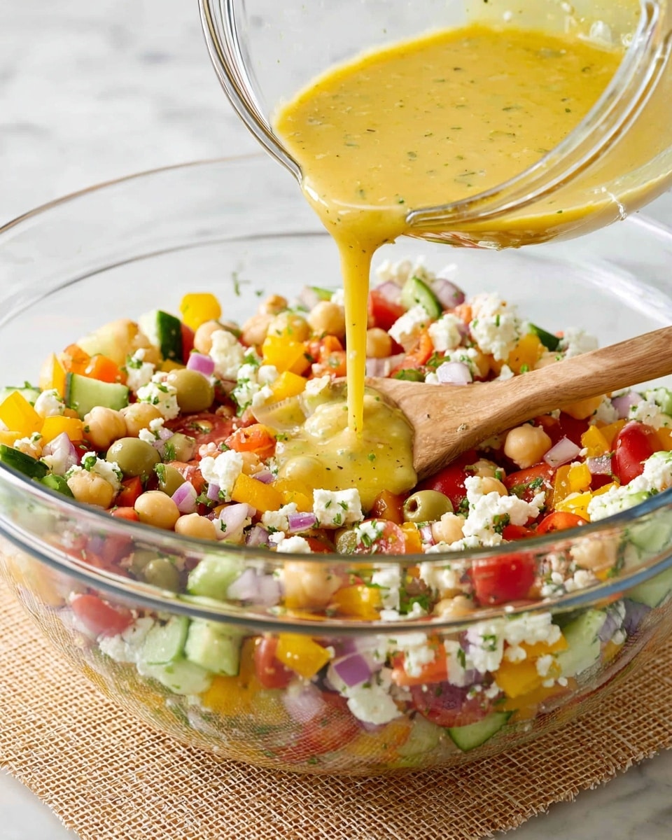 A close up of a colorful salad in a white scalloped bowl, showing three main layers: a base of beige chickpeas and white beans mixed with small diced yellow and orange bell peppers and green cucumber pieces, a middle layer of halved red and yellow cherry tomatoes, green olives, and small white mozzarella balls, and a top layer with scattered dark green chopped herbs and fresh bright green basil leaves arranged decoratively. A gold spoon is partially visible inside the bowl on the right side, resting on the white marbled surface. photo taken with an iphone --ar 4:5 --v 7