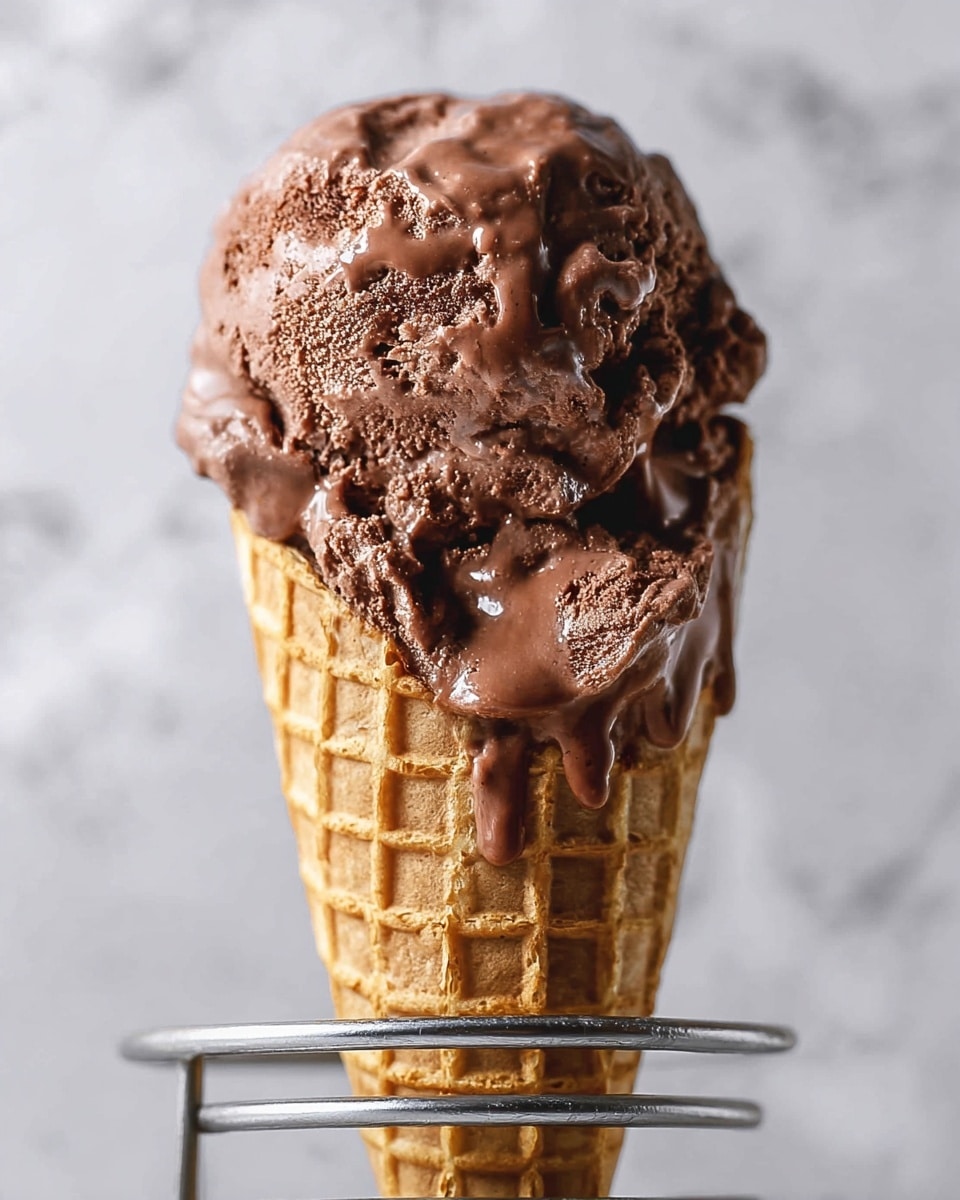 A close-up of a single scoop of rich chocolate ice cream with a slightly rough and creamy texture, dripping down onto a golden waffle cone which has a detailed grid pattern and a crisp texture; the ice cream is melting slightly, creating shiny streaks that run over the cone's top edge. The cone is held upright in a silver metal stand against a soft background with a white marbled texture. photo taken with an iphone --ar 4:5 --v 7