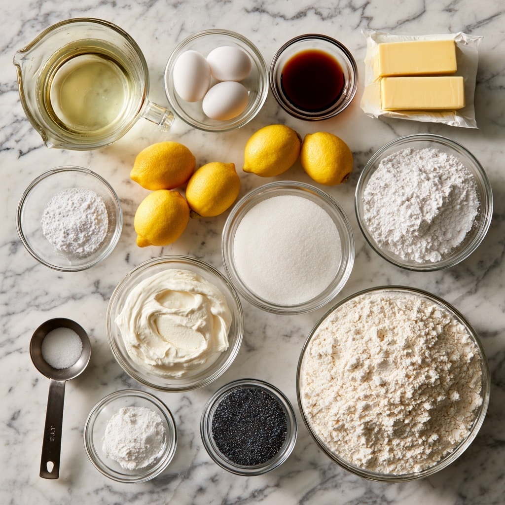 The image shows various baking ingredients arranged neatly on a white marbled surface. There are 12 clear glass bowls and one metal measuring spoon, each containing a different ingredient. From the top left moving clockwise, there is a large glass measuring cup filled with light yellow vegetable oil, a small bowl with four white eggs, another small bowl with dark brown vanilla extract, two sticks of light yellow butter wrapped in paper, three bright yellow lemons, a medium bowl with white powdered sugar, a large bowl filled with white sugar, a medium bowl of white sour cream with a creamy texture, a metal measuring spoon holding salt, a tiny bowl with white baking soda, another small bowl with white baking powder, a small bowl filled with tiny black poppy seeds, and a large bowl filled with white all-purpose flour with a powdery texture. Each ingredient is labeled with black text boxes and white letters. The photo taken with an iphone --ar 4:5 --v 7