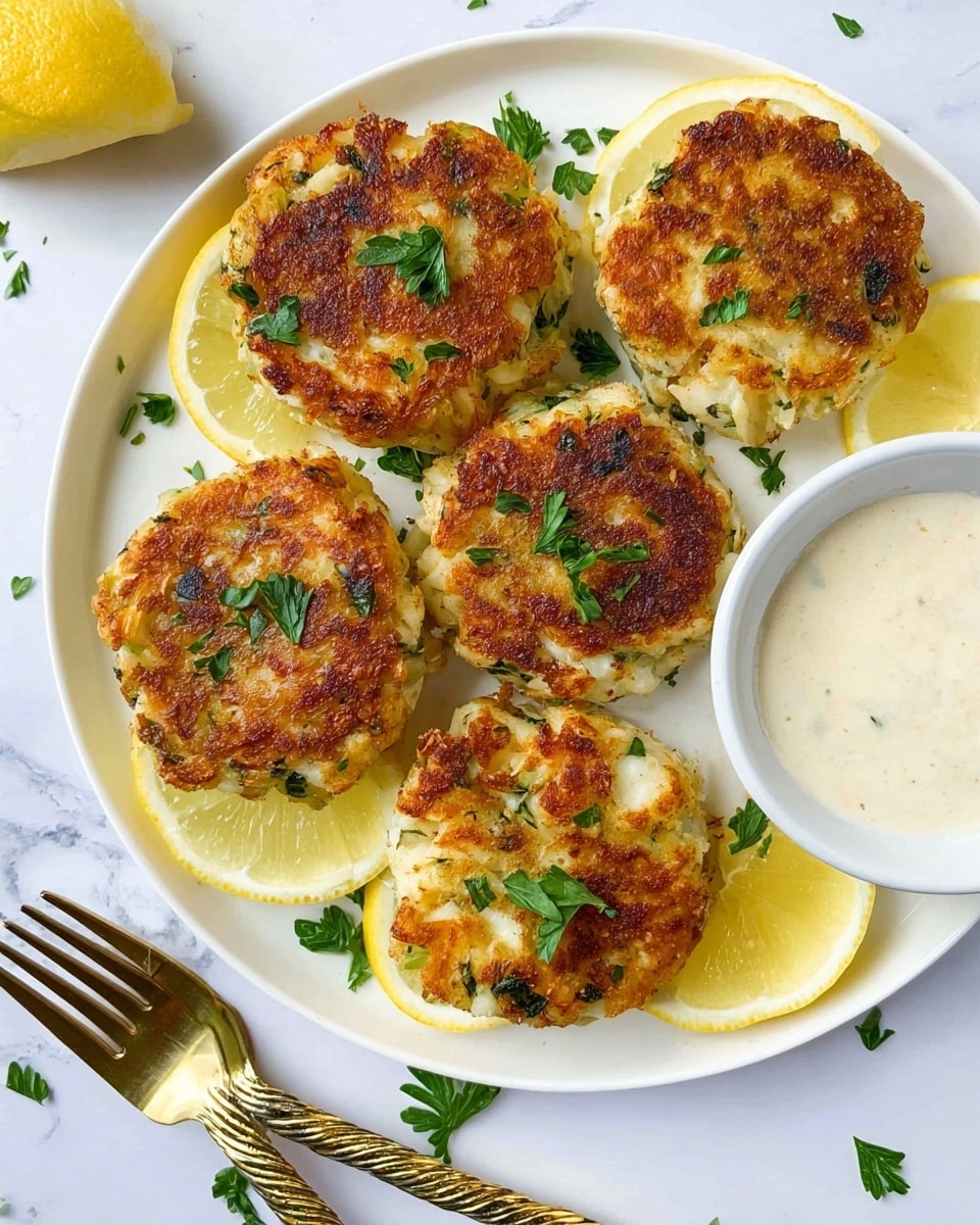 The image shows five golden-brown crab cakes with a slightly crispy texture, each topped with small green parsley leaves scattered evenly on them. The crab cakes are arranged on a white plate, sitting on thin, pale yellow lemon slices that add a fresh contrast. To the right side of the plate, there is a small white bowl filled with a light-colored creamy sauce, likely tartar sauce or mayo. The plate is set on a white marbled surface, and two small golden forks with a twisted design lie at the left bottom corner of the plate. Some green parsley flakes are scattered around the plate for decoration. photo taken with an iphone --ar 4:5 --v 7