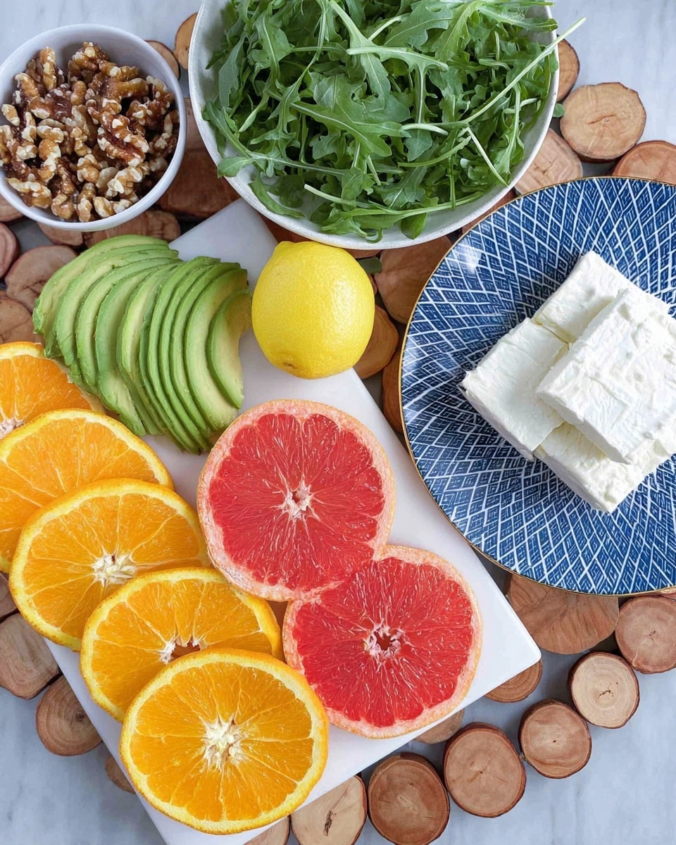 The image shows a white cutting board with bright orange slices on the bottom, red grapefruit slices in the middle, and green avocado slices on the top left. Half of a yellow lemon with visible seeds is placed near the avocado. To the top right, there is a white bowl filled with fresh green arugula leaves. Above the cutting board, a small white bowl contains brown walnut pieces. On the right edge, part of a white plate with blue geometric patterns holds white blocks of a soft cheese. Everything is set on a white marbled surface made of round wooden pieces. Photo taken with an iphone --ar 4:5 --v 7