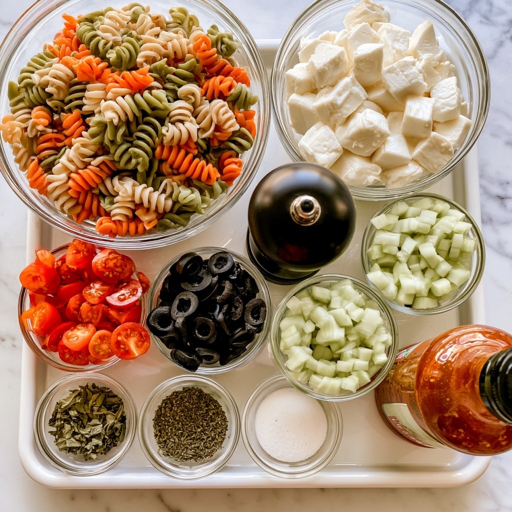 The image shows a white tray holding several clear glass bowls and containers, each filled with different ingredients. The largest bowl on the top left contains tri-color pasta in twisted shapes with orange, green, and beige tones. Next to it, a smaller bowl on the top right is filled with white cubes of fresh mozzarella. Below the pasta bowl, there is a group of smaller glass bowls with bright red halved cherry tomatoes, black sliced olives, light green chopped cucumber, as well as small bowls holding dried basil, dried oregano, and white salt. A black pepper grinder is also positioned near the center. On the bottom right of the tray is a bottle of Italian dressing. The whole setup is on a white marbled surface, giving a clean look. Photo taken with an iphone --ar 4:5 --v 7