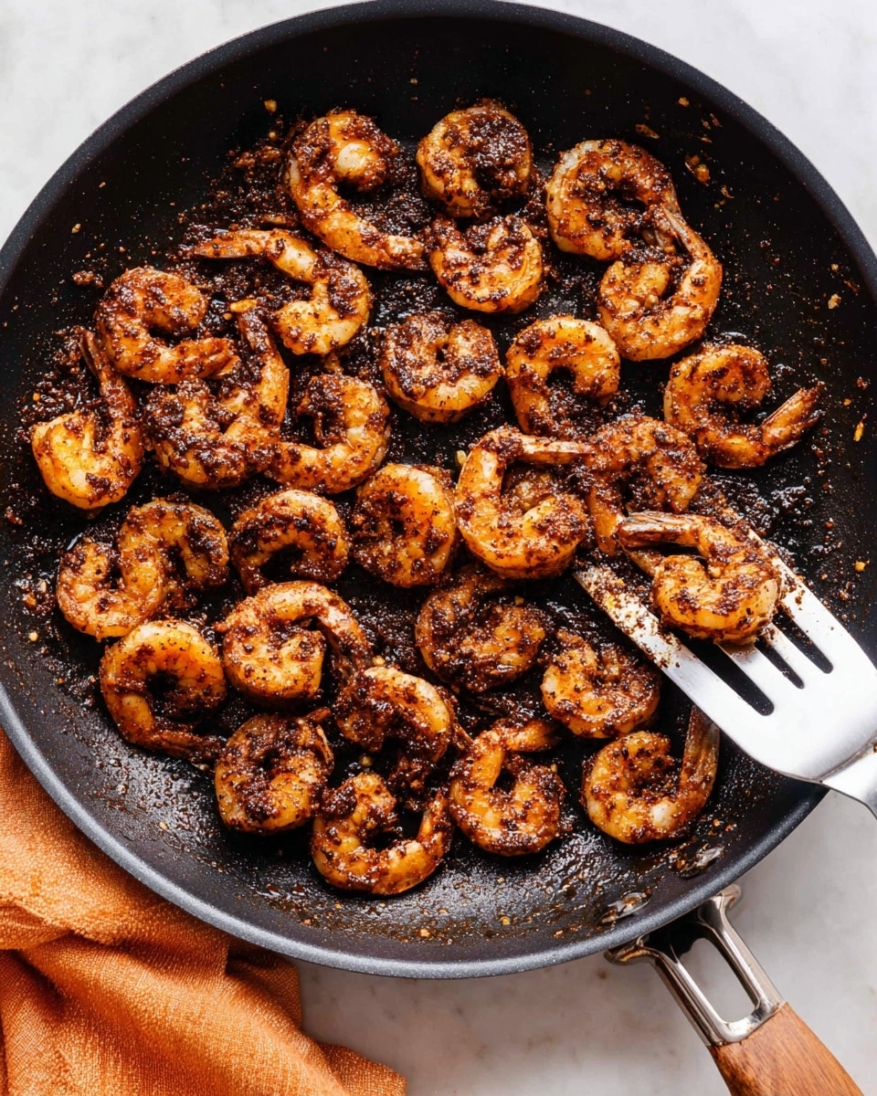 A black pan filled with cooked shrimp that have a dark, spiced coating. The shrimp are spread out in one layer, all curled and browned with visible seasoning. A metal spatula is sliding under some shrimp on the right side of the pan. The pan is placed on a white marbled surface, and there is an orange cloth napkin partly visible in the lower left corner. Photo taken with an iphone --ar 4:5 --v 7