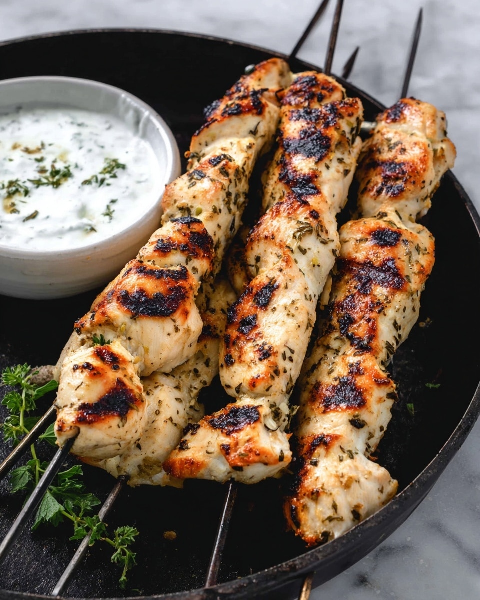 Five skewers of grilled chicken pieces with char marks and a light golden color are laid out horizontally in a round black pan placed on a white marbled surface. The chicken pieces show some herbs and pepper seasoning on them. On the left side of the pan, there is a white bowl filled with white yogurt sauce topped with green herbs. A small sprig of green herb lies beside the bowl. Photo taken with an iphone --ar 4:5 --v 7