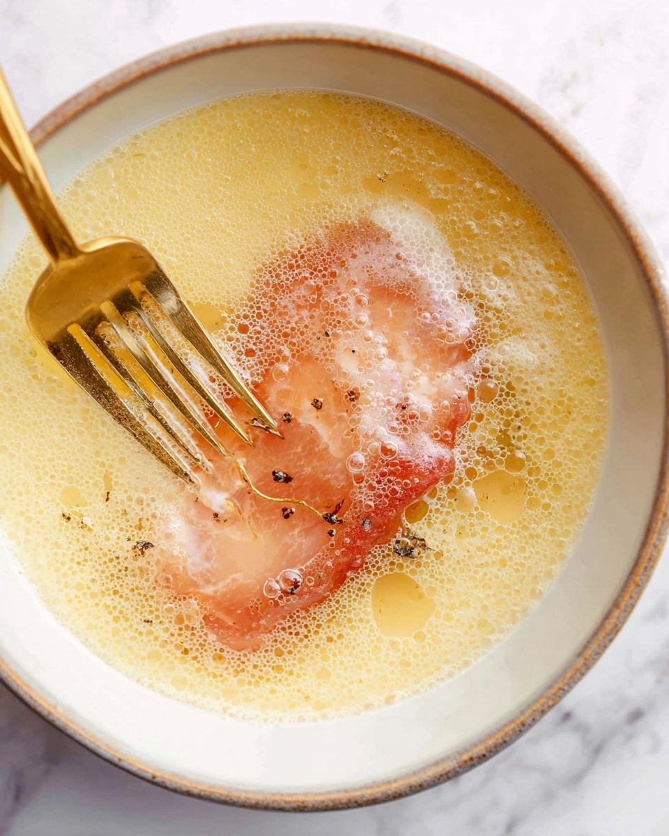 A close-up view of a raw meat piece with light brown and pink tones, soaking in a bubbly, pale yellow liquid mixture inside a white bowl with a smooth surface. A gold fork gently holds the meat from the left side, its tines piercing the meat softly. The bowl rests on a white marbled textured surface, highlighting the colors of the meat and the liquid around it. photo taken with an iphone --ar 4:5 --v 7