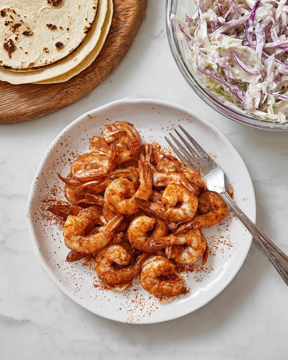 A white plate filled with raw shrimp coated in reddish seasoning spread evenly over the shrimp's gray bodies, with a silver fork resting on the plate’s edge, sitting on a white marbled surface; to the top left, there are three stacked grilled corn tortillas on a wooden board, and to the top right, a clear glass bowl with creamy coleslaw showing white and purple cabbage strips mixed with a white sauce. Photo taken with an iphone --ar 4:5 --v 7