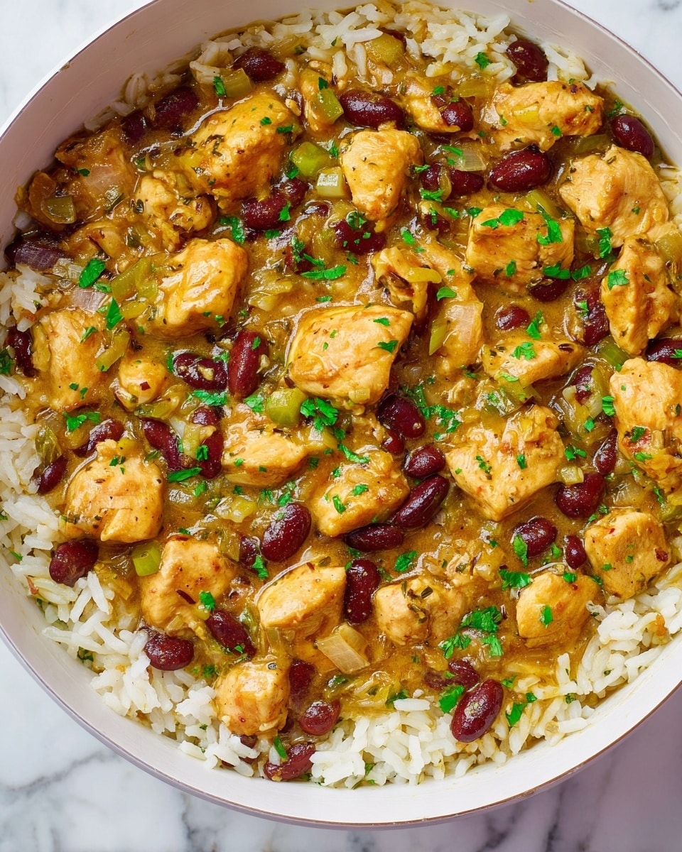 The image shows a close-up of a white bowl filled with a dish made of small chicken pieces, cooked rice, and dark red beans mixed in a thick, golden brown sauce with visible bits of green herbs scattered on top. The chicken pieces are tender, with a light beige color, contrasting with the deep red beans and the white rice grains evenly spread throughout. Small bits of onion and green herbs add texture and color contrast to the dish. The bowl is set on a white marbled surface. photo taken with an iphone --ar 4:5 --v 7