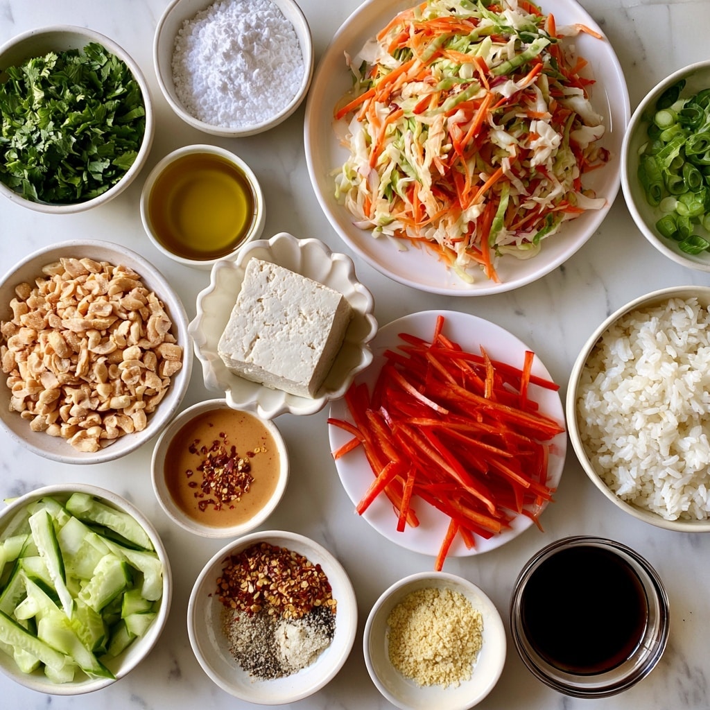 A top-down view of multiple small white bowls and a white plate arranged on a white marbled surface, each bowl containing different fresh ingredients. The ingredients include bright green chopped fresh cilantro, white cornstarch powder, golden yellow olive oil, thinly sliced green onions, a block of white extra firm tofu in a scalloped white bowl, thin red strips of red bell pepper, a colorful mix of shredded coleslaw with orange carrots in a white plate, cooked white jasmine rice in a bowl, chopped roasted light brown peanuts, light brown peanut dressing, light brown sesame oil, reddish chili flakes, light green cucumber slices in a bowl, light brown onion powder, a mix of fine sea salt and black pepper, light yellow garlic powder, and dark brown soy sauce in a clear bowl. Photo taken with an iphone --ar 4:5 --v 7