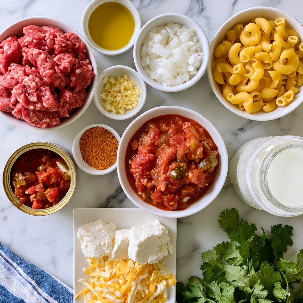 The image shows nine white bowls and a jar arranged on a white marbled surface, each with different ingredients. From top left, there is a bowl of raw ground beef with red and pink colors and a soft texture. Next to it, a small bowl filled with yellow oil with a smooth surface. Below the oil, a bowl of chopped white onions with a chunky texture. To the left of the onions, a round bowl filled with yellow uncooked elbow pasta, curved and smooth. Near the center, a small bowl of minced garlic, pale yellow and finely textured. Below garlic, an open can showing red and green diced Rotel tomatoes with some juices. To the right of the can, a bowl filled with orange taco seasoning powder, fine and smooth. Below seasoning, a white rectangular plate holds cream cheese blocks that are white and slightly crumbly. To the right bottom, a round bowl full of shredded cheese in yellow and white colors. On the lower left side, there is a clear jar with white milk visible. Fresh green cilantro leaves with jagged edges fill the lower right corner of the frame. A blue and white striped kitchen towel is partially visible in the bottom left corner. Photo taken with an iphone --ar 4:5 --v 7
