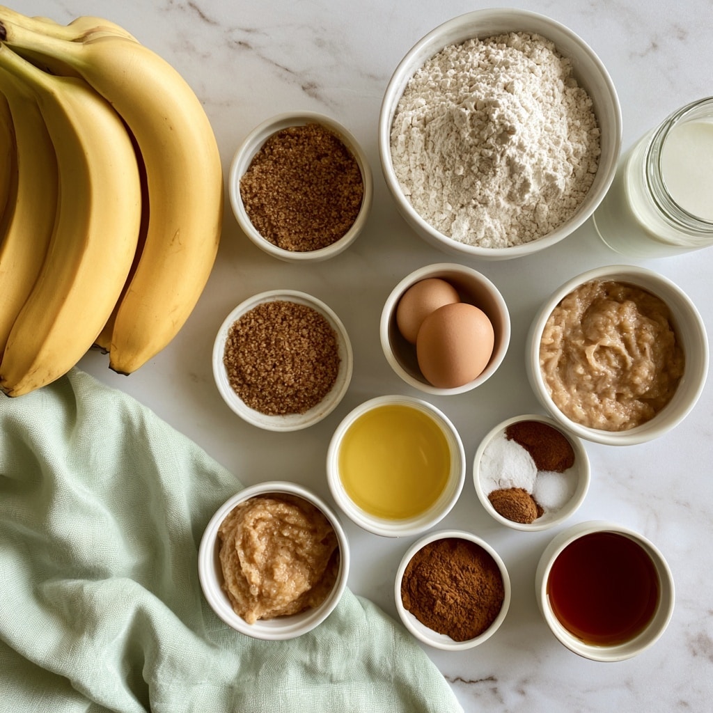 A group of ingredients is placed on a white marbled surface. On the left, there is a bunch of yellow bananas with smooth skins. Surrounding the bananas are small white bowls and containers holding various ingredients: a white bowl filled with white flour, a smaller white bowl with brown sugar that has a grainy texture, a white cup holding two light brown eggs, a white bowl with melted golden butter, a white bowl with a light brown mixture of mashed bananas, a small white cup with white baking powder, salt, and cinnamon, a small white bowl with ground cinnamon, a glass jar containing white milk, and a white cup with a deep amber vanilla liquid. A pale green cloth is spread softly under some of the bowls on the bottom left corner. The photo is taken with an iphone --ar 4:5 --v 7