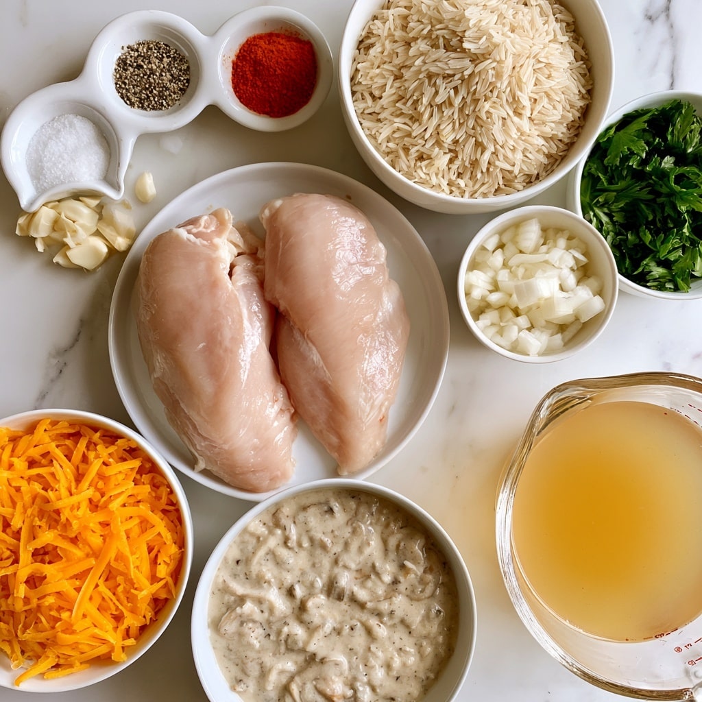 A top-down view shows several white bowls and plates arranged on a white marbled surface, each filled with different ingredients. In the center, two raw chicken breasts have a light pink color and smooth texture on a white plate. To the top right, a white bowl holds uncooked basmati rice, off-white and long-grained. Next to it, a small white bowl contains chopped white onion pieces, and another small bowl has fresh, bright green parsley leaves. On the right bottom side, a clear glass measuring cup is filled with pale yellow chicken broth. In the bottom center, a white bowl contains thick, creamy mushroom soup with some mushroom pieces visible. The left bottom side has a white bowl filled with shredded bright orange cheddar cheese. On the top left, four small white dishes hold white salt & black pepper mix, chopped garlic that is off-white, and bright red paprika powder. The image is clean, bright, and well-lit, photo taken with an iphone --ar 4:5 --v 7