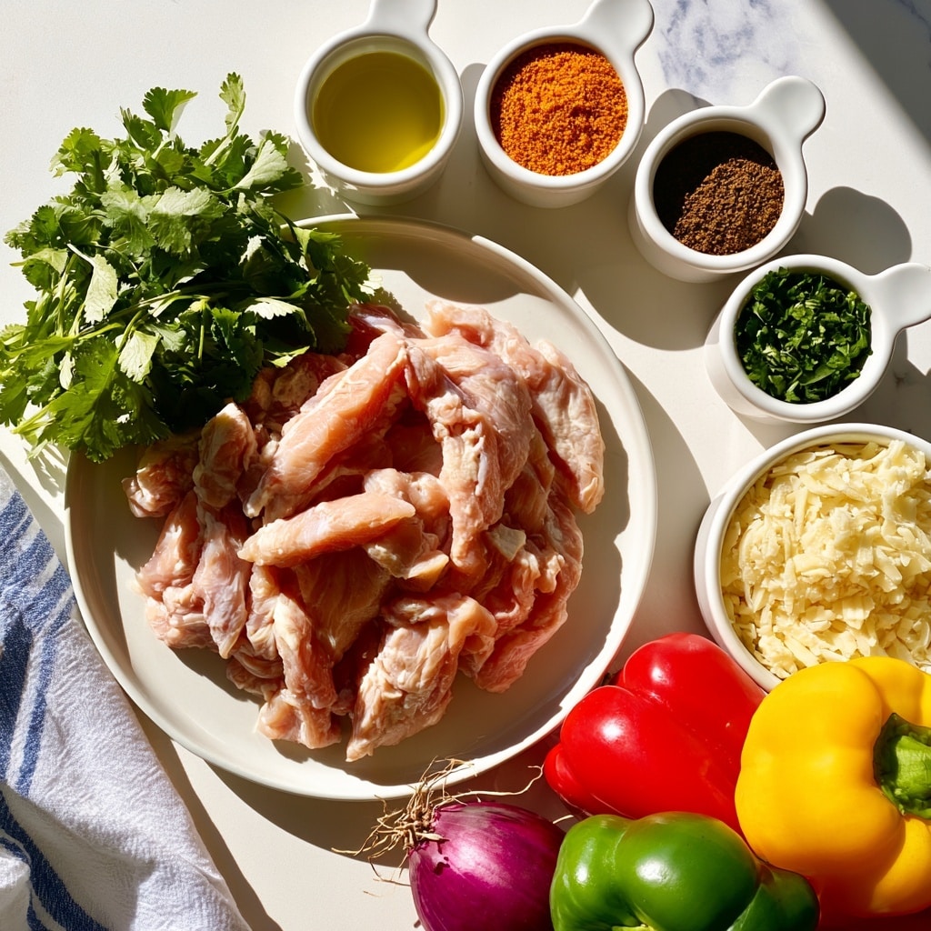 The image shows raw chicken strips piled on a white plate in the center with a bunch of fresh green cilantro leaves on the top left. Around the chicken, there are three small white ceramic measuring cups with olive oil (yellowish liquid), orange taco seasoning powder, dark brown cumin powder, and chopped green cilantro, arranged in a semi-circle on a white marbled surface. Below and to the right of the chicken, there are three whole bell peppers in red, yellow, and green colors, and a small white bowl filled with shredded pale yellow cheese. A red onion with purple skin and roots attached is placed near the bottom center. A white dish towel with blue stripes is partly visible in the bottom left corner. The whole scene is arranged neatly with bright, natural lighting. photo taken with an iphone --ar 4:5 --v 7