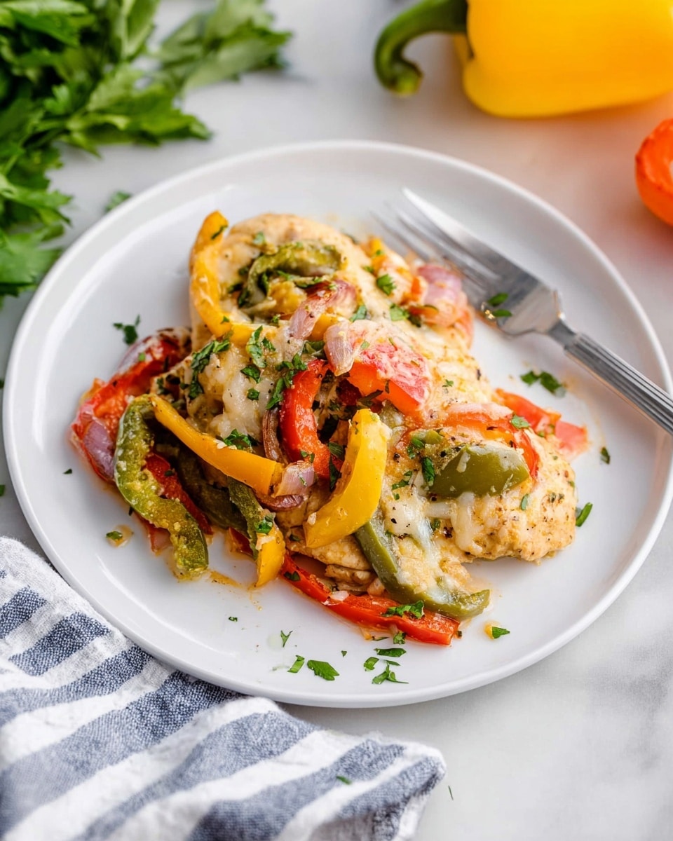 A white plate holds a dish with two pieces of cooked chicken at the bottom, with a light golden color and smooth texture. On top of the chicken, there is a mix of sliced bell peppers in red, yellow, and green, along with pieces of red onion, all slightly cooked with a soft texture. Melted cheese covers parts of the peppers and chicken, giving a creamy and slightly bubbly look. Fresh chopped herbs are scattered on top, adding green specks over the colorful vegetables. The plate is on a white marbled surface, with a silver fork placed to the right side of the food, and a striped cloth visible on the left side. There are blurred green leafy herbs and half a yellow bell pepper in the background. Photo taken with an iphone --ar 4:5 --v 7