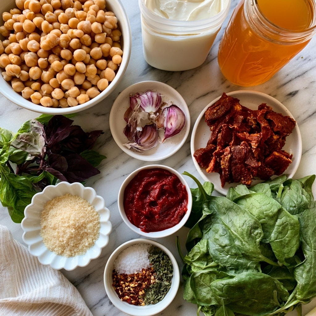 The image shows many ingredients placed on a white marbled surface, arranged in small white bowls and plates with some loose leaves and a jar. At the top left, a large white bowl is filled with round tan chickpeas. To the right, there is a clear container of white heavy cream and a clear jar of orange veggie broth. A small white plate near the center holds whole garlic cloves with purple and white skin. Below it, a small white bowl contains deep red tomato paste. To the right, a white plate is filled with rough, dark red sun-dried tomatoes. At the lower left, a white scalloped bowl holds fine, pale Parmesan cheese. A smaller white bowl near it carries mixed seasonings with white salt, red chili flakes, and dried green herbs. Fresh green and dark purple basil leaves are to the left, and a large pile of fresh green spinach leaves is at the bottom right. A light striped cloth is partially visible at the bottom left. photo taken with an iphone --ar 4:5 --v 7