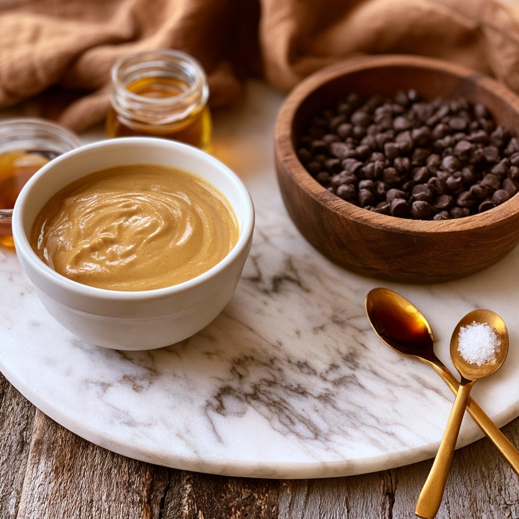 A white cup filled with smooth, light brown tahini sits on a white marbled surface, next to a wooden bowl full of small, dark chocolate chips. Nearby, two small golden spoons hold amber-colored vanilla and white salt, while a small glass container holds golden maple syrup. A soft brown cloth is partially visible in the background, and the background itself is a rustic, wooden texture. photo taken with an iphone --ar 4:5 --v 7