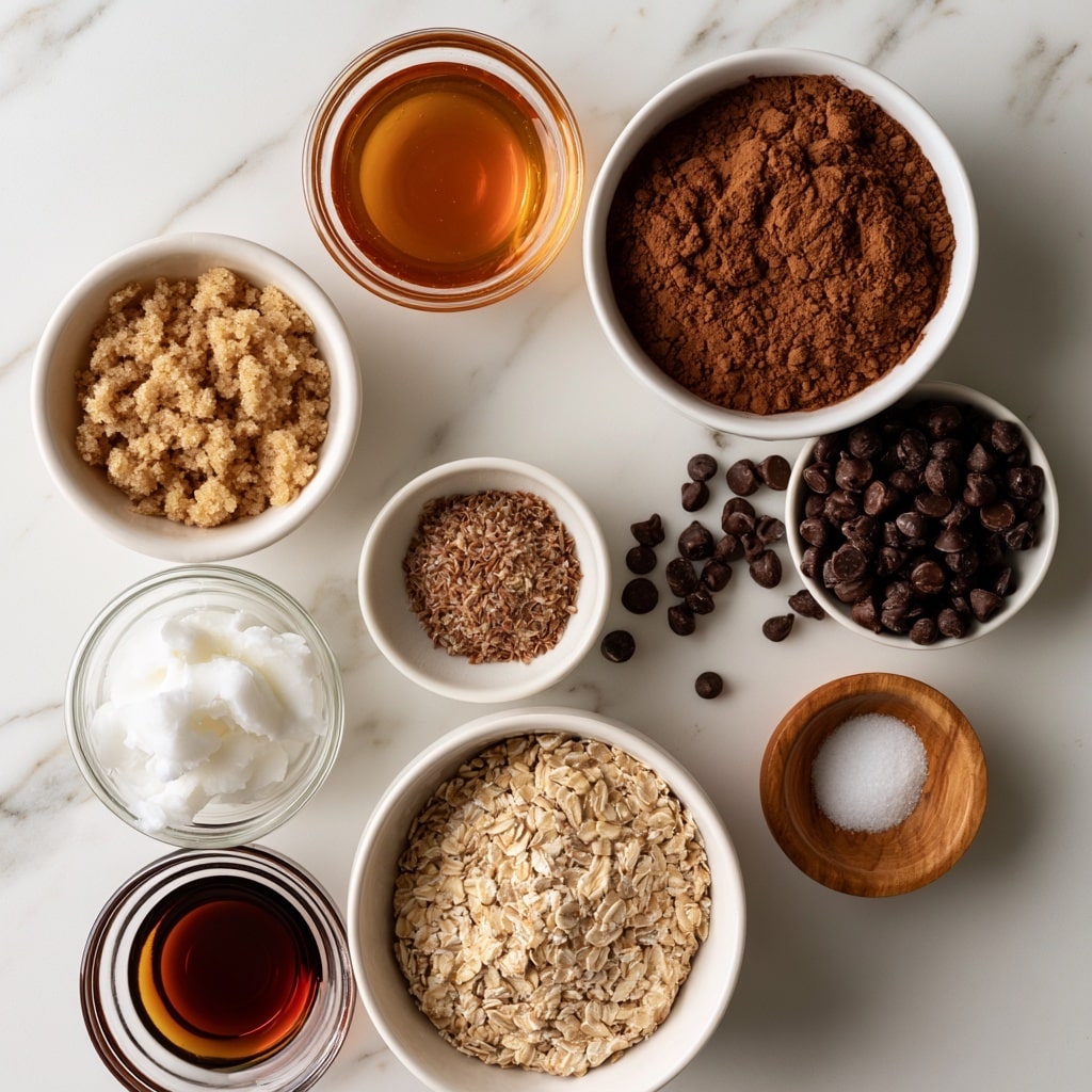 The image shows nine small bowls on a white marbled surface, each holding a different baking ingredient. In the center bottom is a white bowl filled with light brown oats, to its left is a small glass bowl with white coconut oil that has a soft, thick texture. Above that, a white bowl contains crumbly light brown sugar. Above the brown sugar is a glass bowl with amber-colored honey, shiny and smooth. Next to the honey on the right is a white bowl filled with smooth dark brown cocoa powder. On the far right, a white bowl holds many tiny dark mini chocolate chips with a shiny surface. Below the chocolate chips is a small wooden bowl with fine white salt. Right below the oats is a small white bowl with light brown ground flaxseed that has a rough texture. At the bottom left is a small glass bowl with dark amber vanilla liquid. The setup is neat and bright, with clear labels on each ingredient. Photo taken with an iphone --ar 4:5 --v 7