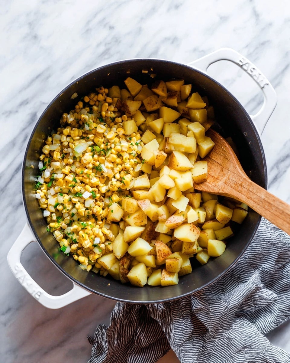 Inside a black pot with white handles on a white marbled surface, there are two layers of food. On the left side, there is a layer of cooked corn kernels mixed with small pieces of green herbs and white onions, showing a soft texture with some light browning. On the right side, there is a layer of raw diced yellow potatoes with brown skins, showing a firm and fresh texture. A light brown wooden spoon is placed diagonally in the pot, resting on the food layers. A gray and white striped cloth is placed beside the pot. photo taken with an iphone --ar 4:5 --v 7