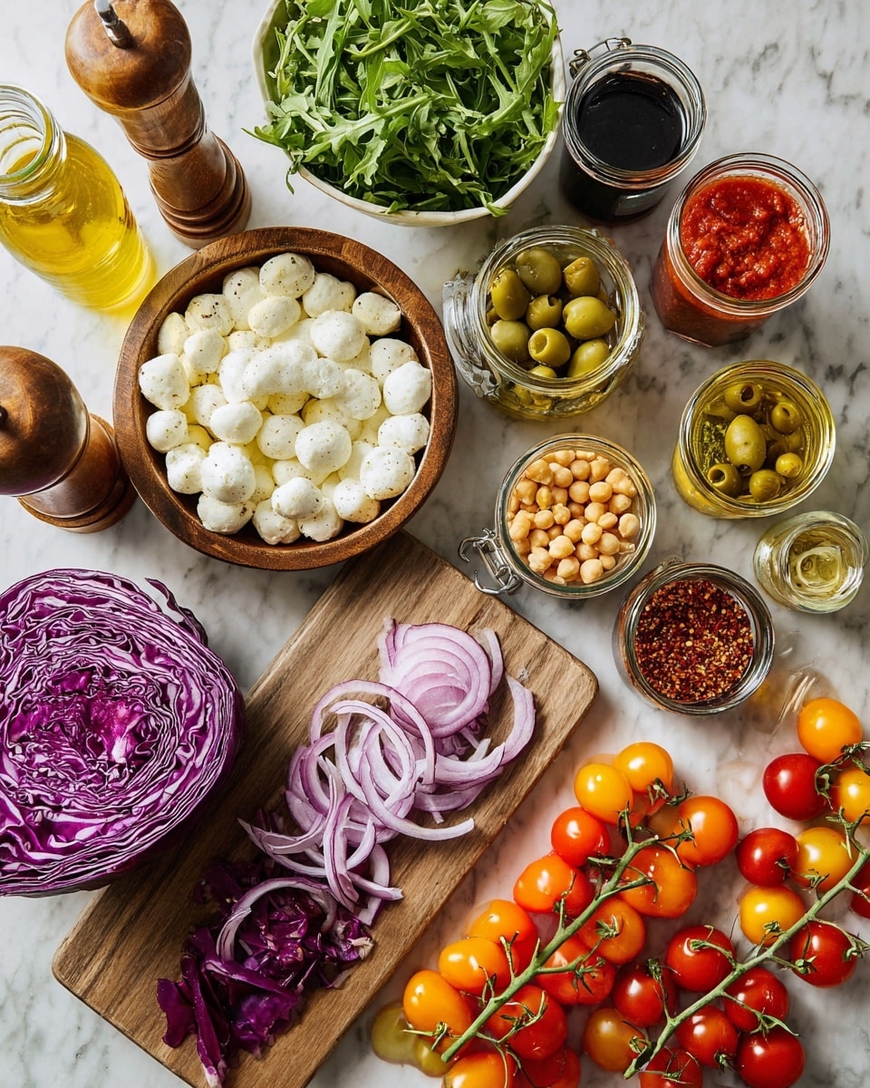 A top-down view of various fresh ingredients and condiments arranged on a white marbled surface, including a white bowl filled with bright green arugula leaves, a round wooden bowl with white cheese balls, and a sliced purple cabbage placed centrally on a wooden cutting board. Near the cabbage, thinly sliced purple onion layers fan out, resting on the cutting board. Two glass jars reveal green olives and yellow pickled peppers, while other open jars show rich red tomato sauce, tan artichoke hearts, and bright yellow mustard. Small bowls hold red pepper flakes and chickpeas, and there are scattered fresh cherry tomatoes on the vine in orange shades, along with a copper saucepan filled with red and orange cherry tomatoes. Olive oil and balsamic vinegar bottles, garlic cloves, and a wooden pepper grinder complete the composition. photo taken with an iphone --ar 4:5 --v 7