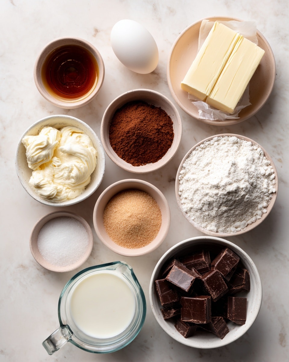 The image shows an overhead view of various ingredients placed on a white marbled surface. There are ten containers and one egg, arranged in a loose circle. Starting from the top right, there is a stick of butter with its paper wrapper visible, followed by a white egg next to a small white bowl with brown cinnamon powder inside. Next to that is the vanilla extract in a small light pink bowl, a small light pink bowl with white baking powder, and a small light pink bowl with white salt. In the lower circle area, there is a small white bowl filled with light brown sugar, a clear glass measuring cup filled with heavy cream, a small white bowl with dark brown cocoa powder, a small white bowl with chunks of dark chocolate, and a larger light pink bowl filled with white flour. Each item is labeled with bold black text on white bands, placed mostly above each ingredient. The photo has soft, natural lighting and a clean and neat arrangement. Photo taken with an iphone --ar 4:5 --v 7