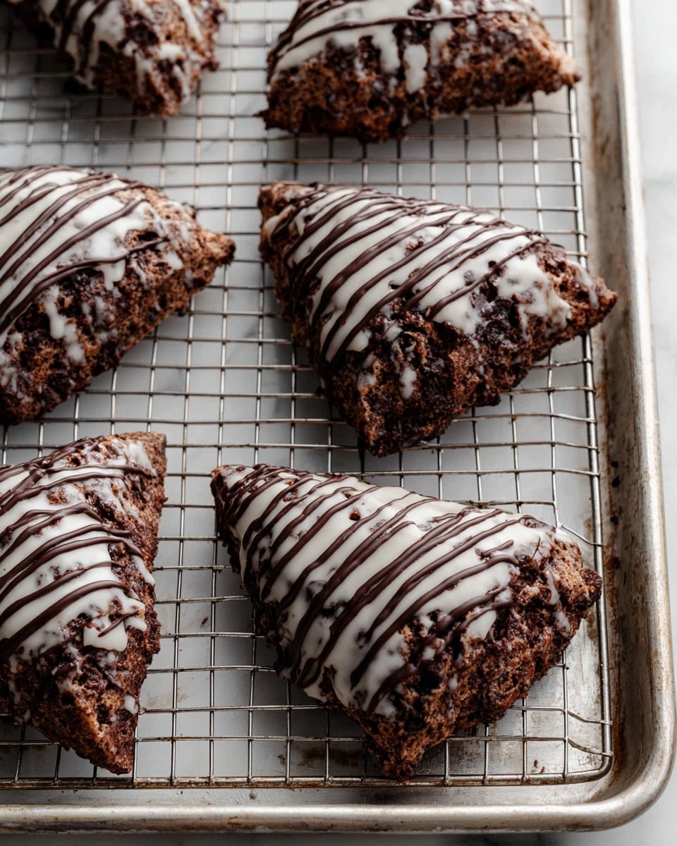 A close-up of a metal rack on a white marbled surface with several triangular chocolate scones placed on it. Each scone has a rough, dense texture and is coated with a shiny white glaze layer that partially covers them. On top of the glaze, there are thin dark chocolate drizzle lines, creating a striped pattern that contrasts with the lighter glaze. The scones are arranged randomly on the rack, which sits inside a metal baking tray. Photo taken with an iphone --ar 4:5 --v 7