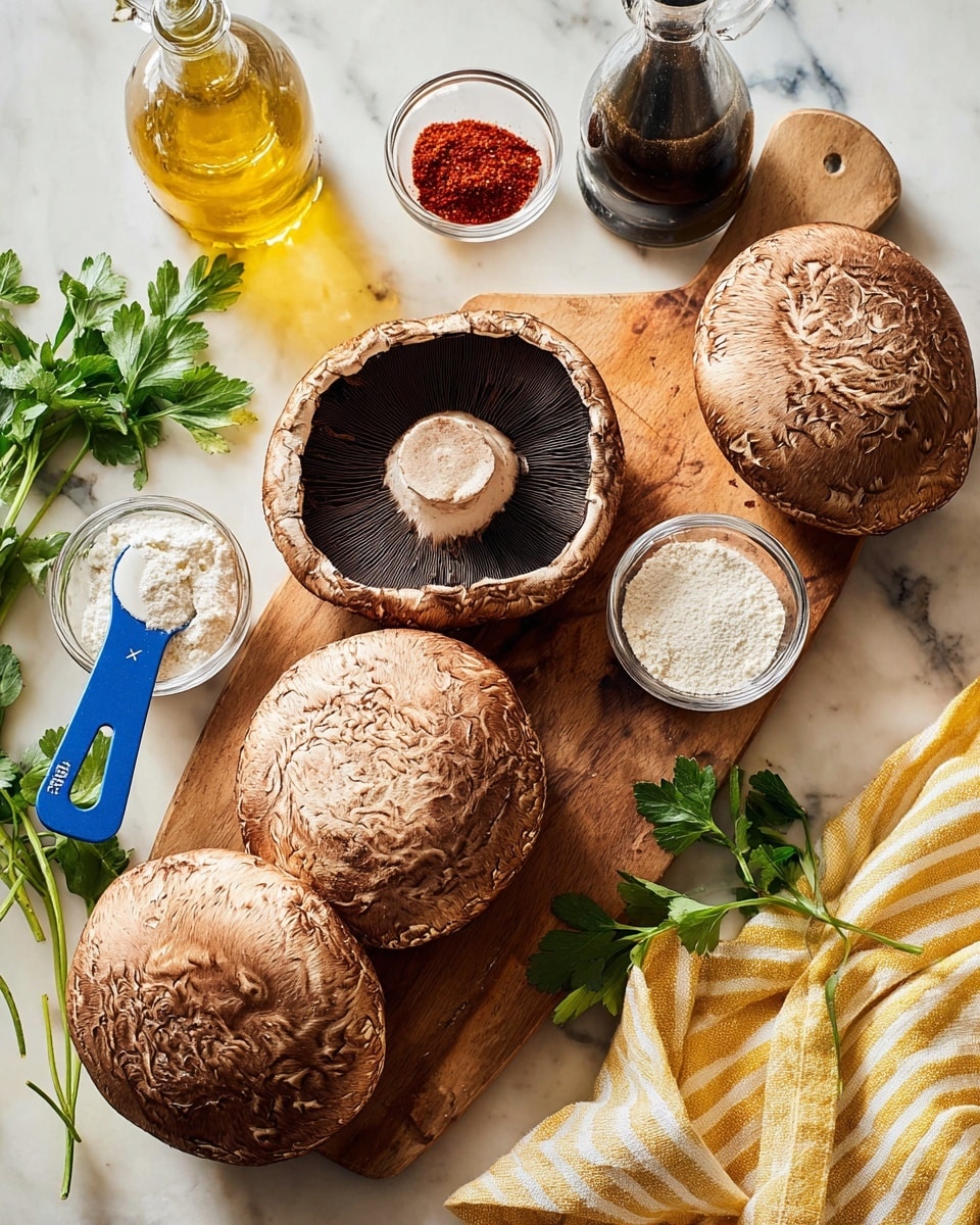 A wooden board on a white marbled surface holds several large brown mushrooms with textured caps, some facing up showing dark gills, others facing down with smooth tops. Around the mushrooms are small clear bowls filled with white flour and red spice, each with a blue measuring spoon inside. There are also glass bottles, one with light yellow oil and another with dark brown vinegar, placed near the top of the board. Fresh green parsley sprigs lie to the sides, and a yellow and white striped cloth is loosely placed at the bottom right corner. All elements are shown under soft natural light, creating a fresh and clean look photo taken with an iphone --ar 4:5 --v 7