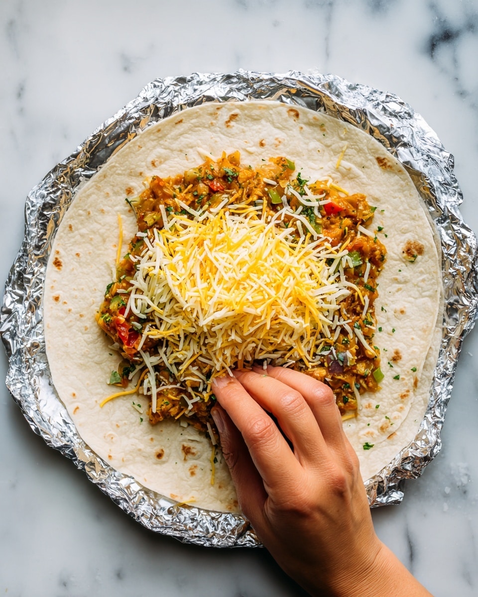 A white tortilla is laid flat on a piece of foil over a white marbled surface. In the center of the tortilla, there is a layer of mixed cooked vegetables with green herbs mixed in, showing colors like orange, red, and green. On top of this vegetable layer, there is a layer of yellow shredded cheese being sprinkled by a woman's hand, with some cheese already scattered around the filling. The textures show a soft tortilla, chunky vegetable mixture, and thin strands of cheese. photo taken with an iphone --ar 4:5 --v 7