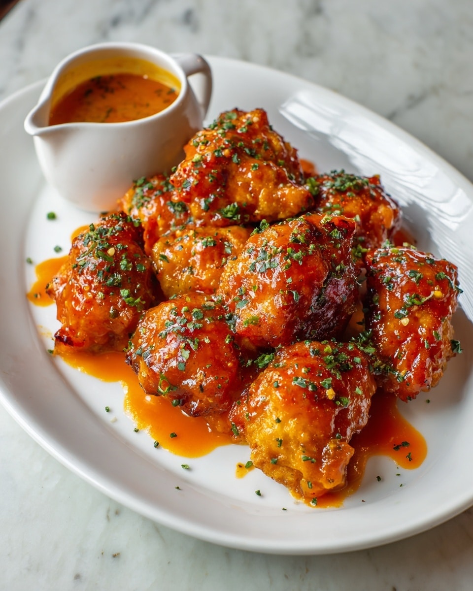 The image shows a white plate filled with about ten pieces of chicken covered in a bright orange-red glossy sauce, each piece topped with small green chopped herbs. The chicken pieces are varied in size with a moist texture beneath the sauce. On the left side of the plate, a small white jug holds extra sauce, contrasting with the white plate and the white marbled surface below. The sauce is thick and shiny, pooling slightly around the chicken. The overall look is warm and rich, with the sauce catching the light and giving the chicken a juicy, flavorful appeal. Photo taken with an iphone --ar 4:5 --v 7
