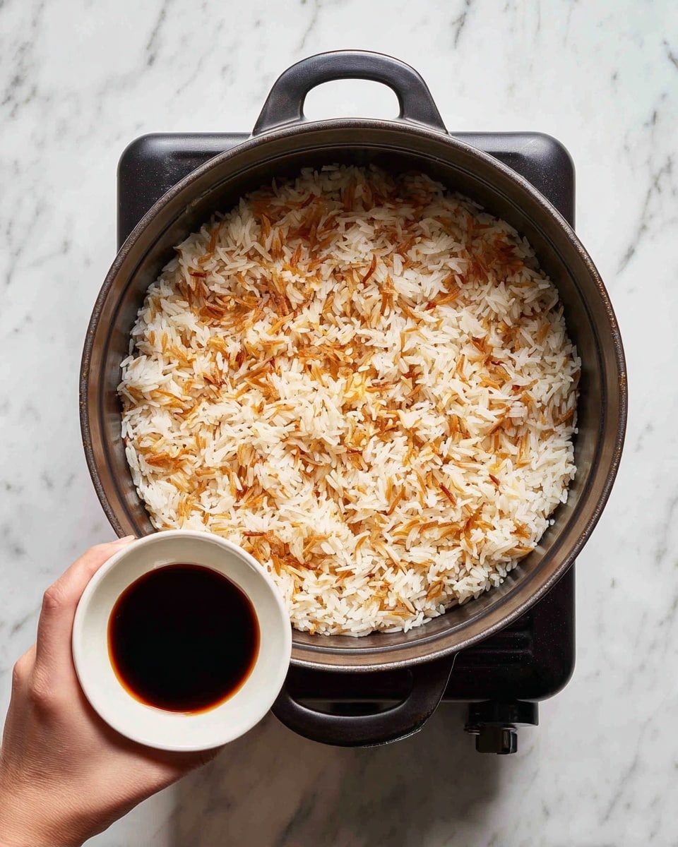 A black cast iron pot sits on a small stove with a white marbled surface beneath, filled with cooked rice that is a mix of white and orange colors, spread evenly inside. A woman's hand is holding a small white bowl filled with dark soy sauce above the rice, ready to pour. The pot handle is at the bottom right of the image. Photo taken with an iphone --ar 4:5 --v 7