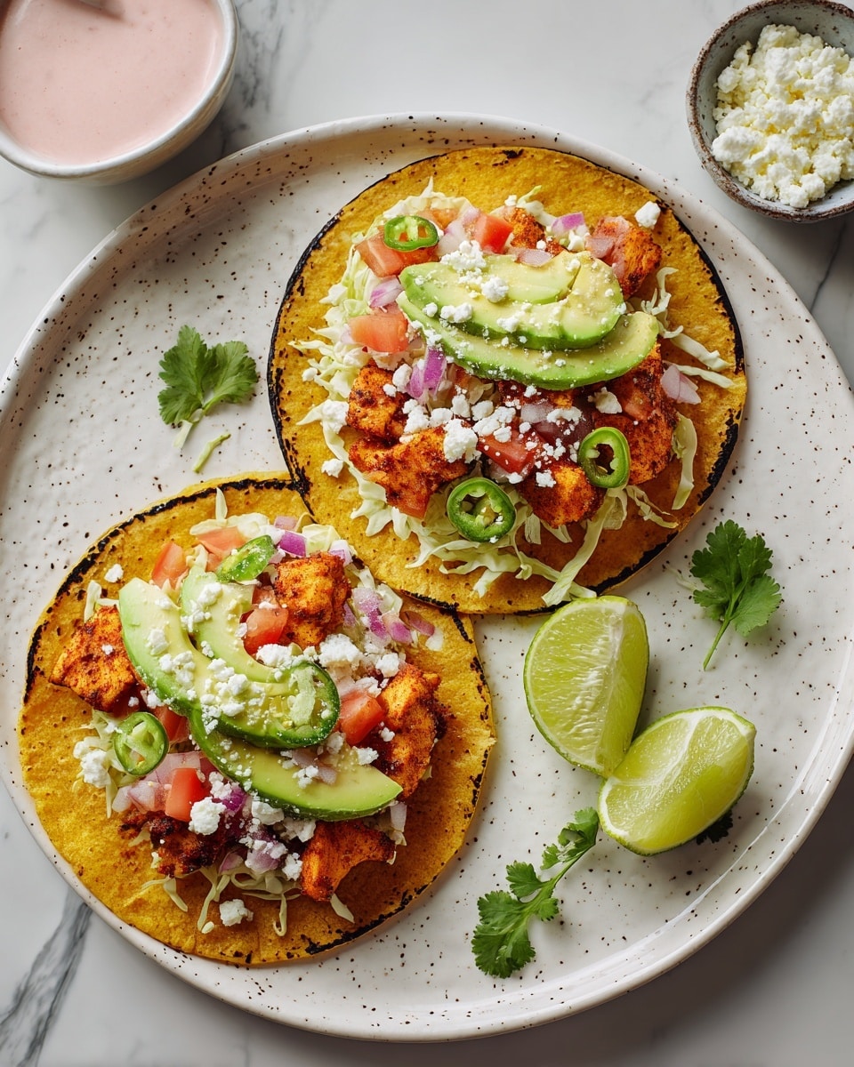 Two tacos sit side by side on a white speckled plate placed on a white marbled surface. Each taco has a charred yellow corn tortilla as the base, topped with a first layer of white shredded cabbage, followed by a layer of golden-brown spiced fish pieces. On top, slices of light green avocado, small diced red tomatoes, and thin green jalapeño slices are scattered. Crumbled white cheese is sprinkled over everything. A sprig of fresh green cilantro decorates between the tacos, and two lime wedges rest near the bottom right of the plate. Off to the side in separate small bowls, white crumbly cheese and pink creamy sauce can be seen. Photo taken with an iphone --ar 4:5 --v 7