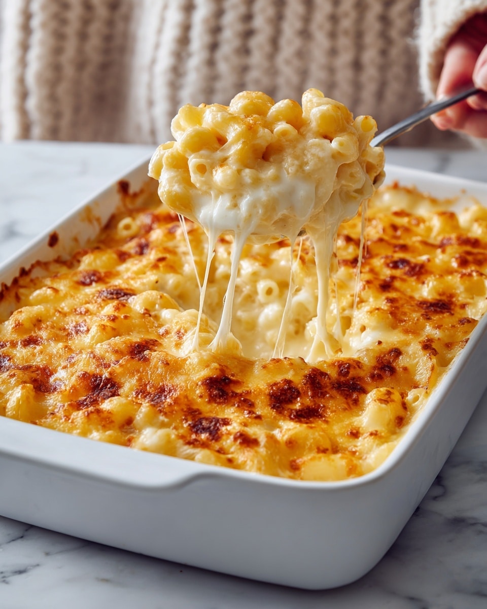 A close-up view of a white baking dish filled with a creamy macaroni and cheese. The top layer is golden orange melted cheese that has slightly browned edges. Just below, there is a thick layer of white cheesy sauce covering elbow macaroni pasta, which looks smooth and creamy. A spoon holds up a portion of the cheesy macaroni, showing the gooey texture with cheese strings stretching from the dish. A woman's hand is partly visible in the background holding the spoon. The dish sits on a white marbled surface. Photo taken with an iphone --ar 4:5 --v 7
