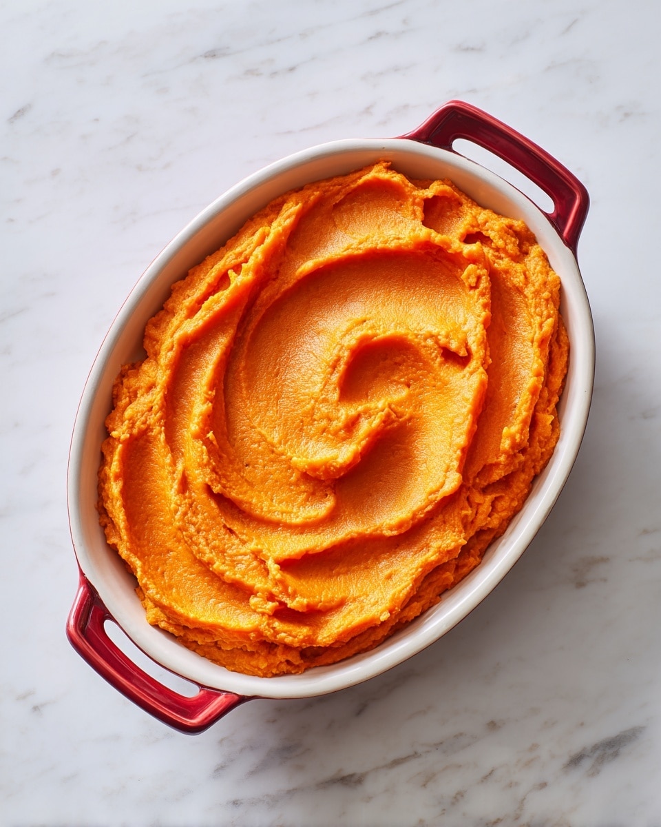 A single layer of smooth, thick, orange mashed sweet potato fills an oval white dish with a red rim and handles, with some gentle swirls and texture visible on the surface. The dish is placed on a white marbled surface, and the lighting softly highlights the creamy texture of the mash. photo taken with an iphone --ar 4:5 --v 7